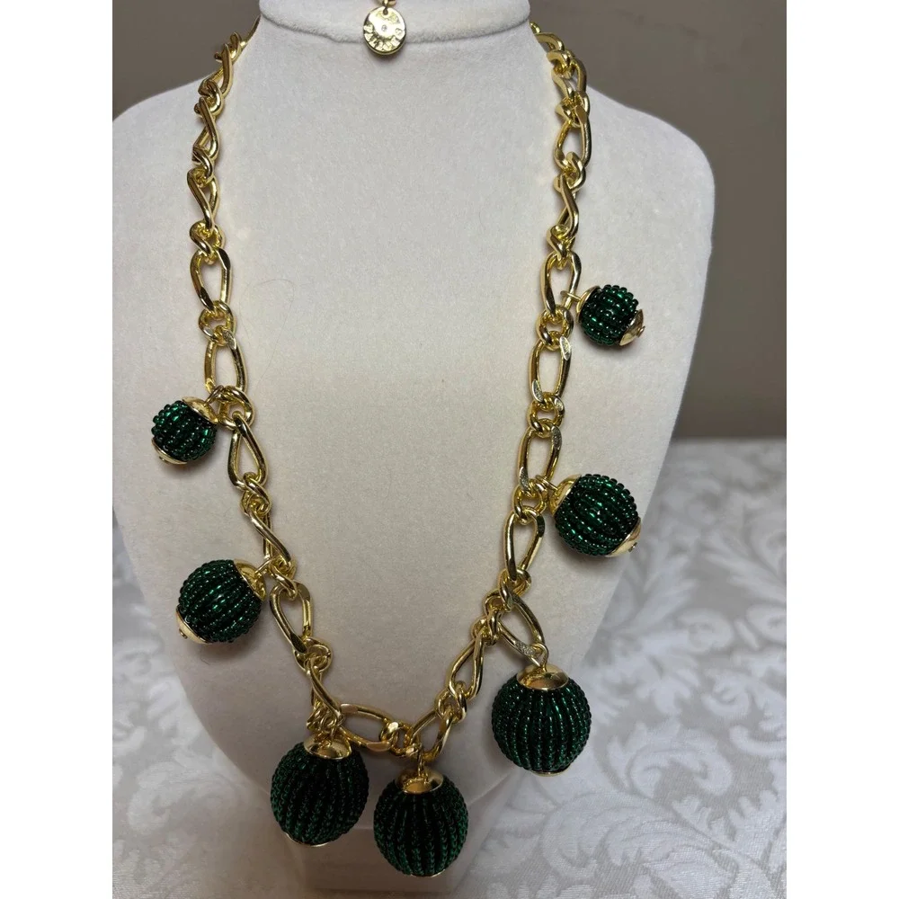 Talbots Gold Tone Chunky Link Necklace Green Beaded Ball Charms Statement 20in